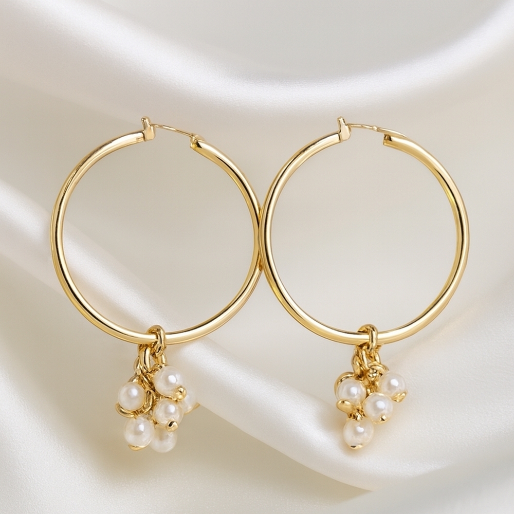 Polished Gold Hoop Cluster Beaded Drop Dangle Earrings - Women Fashion Jewelry